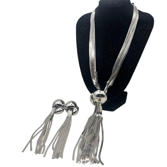 Silver Tone Necklace Earrings Set Multi Strand Snake Chain Long Tassel Runway - Picture 2 of 10